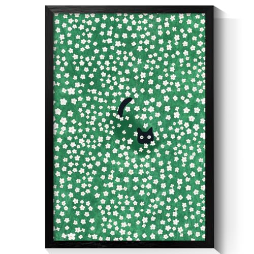 Black Cat Canvas Wall Art, Cute Cat In Daisies Meadow Aesthetic Poster, Adorable Animal Picture Rich Green Print Painting for Bedroom, Nursery Wall Decor Pet Lover Gift 12x16in Framed - color: Cat 02, size: 16"L x 12"W, style: Framed