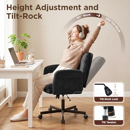 FiveWillowise Cross Legged Office Chair with Flip-up Arms&Low Back,Black | Criss Cross Chair With Thicken Wide Seat,Lounge Makeup Vanity Chairs with Side Pockets,Comfy Home Office Desk Chair,Chenille - color: Black