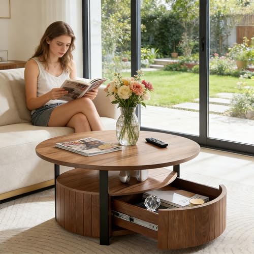 33.07" Round Coffee Table with Storage, 2 Tier Modern Wood Center Table with Drawer, 2 Tiers and 1 Drawer, Accent Table for Living Room, Apartment, Small Space.(Walnut) - color: Walnut-a
