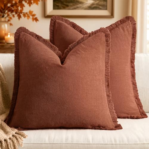 MIULEE Linen Fringe Decorative Fall Throw Pillow Covers Late Autumn 18x18 | Set of 2, Cottagecore Decor, Boho Farmhouse Neutral Pillow Covers, Rustic Fall Couch Cushion Cases for Sofa Bed Living Room - color: Late Autumn, size: 18" x 18" (Pack of 2)