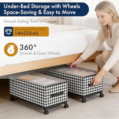 65L Under Bed Storage with Wheels, Adjustable Underbed Storage Bins, Foldable Dustproof Storage Container, 30.3×11.4×11.8 Inch Organizer for Clothes, Shoes, Blankets (black - Transparent Cover)