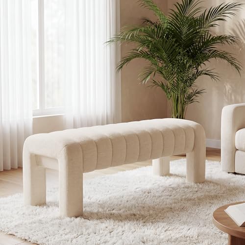 43.3" Bedroom Bench, Upholstered Entryway Bench, Modern End of Bed Ottoman with Solid Wood Legs and Adjustable Foot Pegs for Entryway, Dining Room and Living Room (Beige Linen) - color: Beige Linen, size: 43.3"