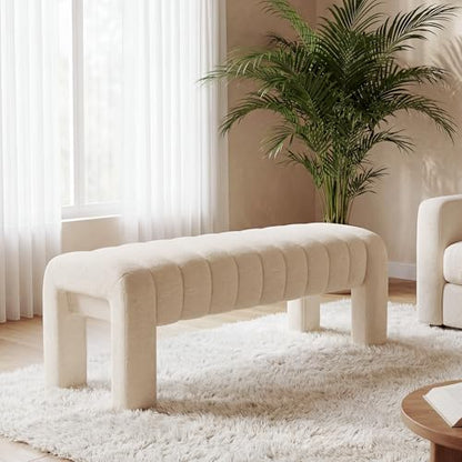 43.3" Bedroom Bench, Upholstered Entryway Bench, Modern End of Bed Ottoman with Solid Wood Legs and Adjustable Foot Pegs for Entryway, Dining Room and Living Room (Beige Linen) - color: Beige Linen, size: 43.3"