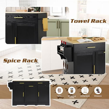 60" Kitchen Island with Power Outlet, Drop Leaf, Trash Can Storage | Rolling Kitchen Island Table Cart Cabinet with Drawer, Mobile Kitchen Cabinet on Wheels w/Spice Rack, Towel Bar, Hooks - color: Black, size: 60"