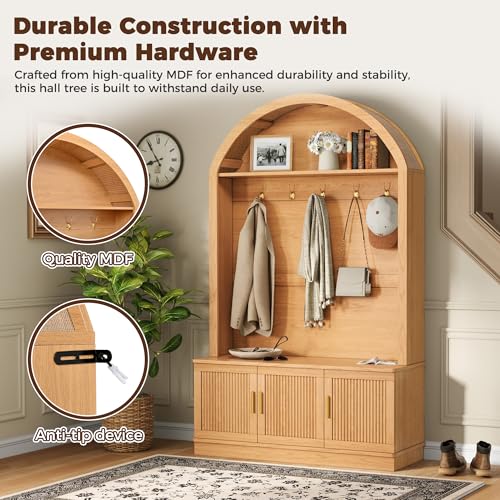 Farmhouse Fabric Arched Top Hall Tree with Wood Grain Finish, All-in-One Mudroom Furniture with Adjustable Shelves, Open Shelf, 5 Metal Hooks, Fluted Door Entryway Bench for Hallway (Natural-42) - color: Natural-42