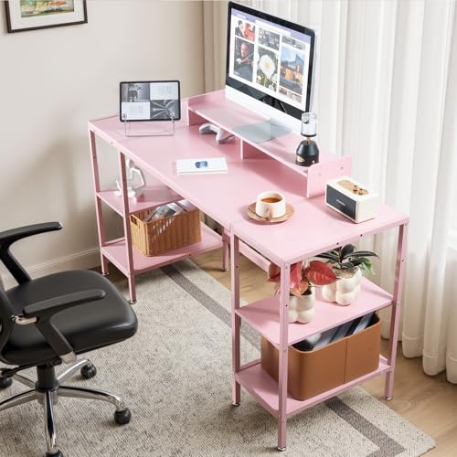 Computer Desk 55-inch with Storage Shelf - Pink Ideal Gaming Desk for Bedrooms, Small Spaces, and Home Offices Modern Writing Desk for PCs. - color: Rustic, size: 43 inch