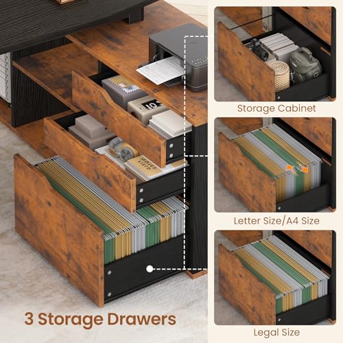 SEDETA 71" L Shaped Executive Desk with File Cabinet & Power Outlet | Computer Desk with 3 Storage Drawers, Adjustable Shelves, CPU Stand, Privacy Baffle, Modern Desk for Home Office, Brown - color: Brown