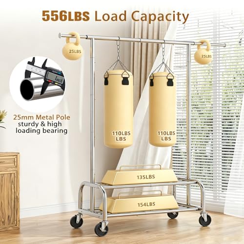 Simple Trending Heavy Duty Clothes Rack, Garment Rack with Extendable Side Rods & Bottom Shelves, 25mm Metal Clothing Rack with Wheels, Bedroom, Laundry Room, Silver - size: 18"D x 60.5"W x 67.25"H