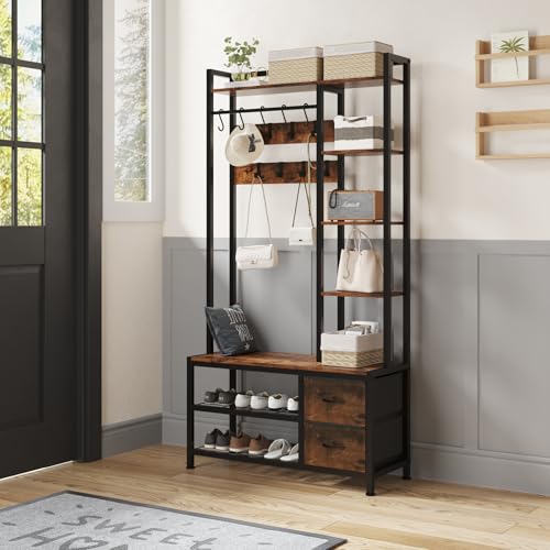 LUMTOK Hall Tree with Bench & Shoes Storage,Entryway Coat Rack with Drawers | 6 in 1 Hall tree with drawers,shelves,hooks & hanging bar,Entryway organizer storage for living room,hallway,entryway closet