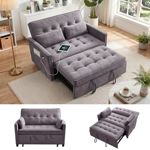Dreamzie 55'' 3 in 1 Convertible Sofa Bed with USB Charging Ports, Pull Out Couch with Adjustable Backrest and Side Pockets, Sleeper Sofa for Living Room, Apartment, RV, Easy Assembly - Grey - color: Grey