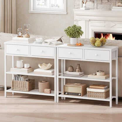 HOOBRO 29.5" Narrow Console Table with 2 Fabric Drawers, Sofa Table, Small Entryway Table with 3-Tier Storage Shelves, Behind Couch Table, for Living Room, Hallway, White WW72XG01G1 - color: White
