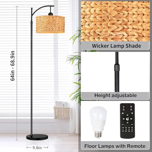 QIYIZM Floor Lamp for Living Room Bedroom Farmhouse Arc Rattan Boho Standing Lamp with Remote Dimmable Black Wicker Bamboo Lamp Shade Floor Light Adjustable Tall Lamp Industrial Floor Lamps Bohemian - size: 1-Floor Lamp