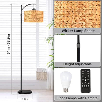 QIYIZM Floor Lamp for Living Room Bedroom Farmhouse Arc Rattan Boho Standing Lamp with Remote Dimmable Black Wicker Bamboo Lamp Shade Floor Light Adjustable Tall Lamp Industrial Floor Lamps Bohemian - size: 1-Floor Lamp