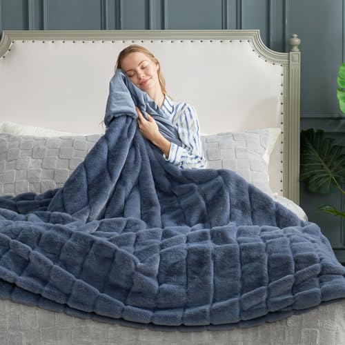 Cozy Bliss Deluxe Sheared Rabbit Faux Fur Throw Blanket, Soft Fuzzy High-Low Sculpted Plush Blanket for Couch, Cozy Home Accent, All Season Use, Blue 60"x80" - color: Stripe - Blue, size: Twin(60" x 80")