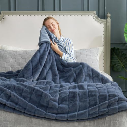 Cozy Bliss Deluxe Sheared Rabbit Faux Fur Throw Blanket, Soft Fuzzy High-Low Sculpted Plush Blanket for Couch, Cozy Home Accent, All Season Use, Blue 60"x80" - color: Stripe - Blue, size: Twin(60" x 80")