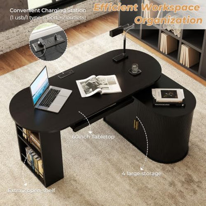 HSH Black L Shaped Office Desk with Storage Cabinet for Home Oak 60 Inch | Executive Woood Fluted Computer Desk with Keyboard Tray and Open Shelves Modern Reversible Mcm Large Swivel Table - color: Black Oak