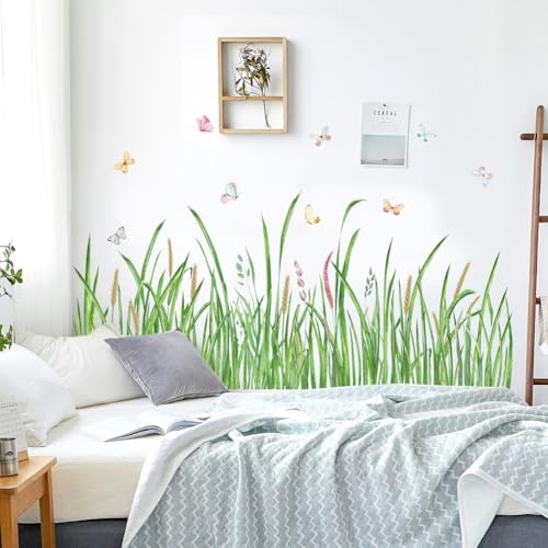 Green Grass Wall Corner Sticker Peel and Stick Flower Butterfly Wall Decal Green Plant Baseboard Skirting Line Wall Sticker for Living Room Decor