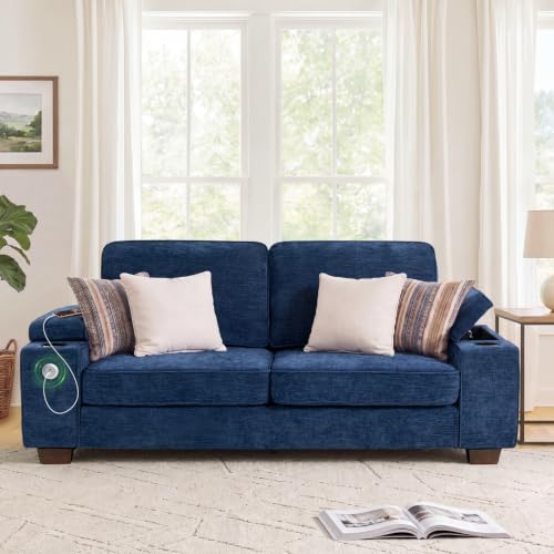 83" Couches for Living Room, Modern Deep Seat Chenille Loveseat Sofa, Blue | With USB & Type-C Ports, Adjustable Storage Armrest, Cup Holders, Solid Wood Frame Small Sofa for Small Spaces - color: Blue