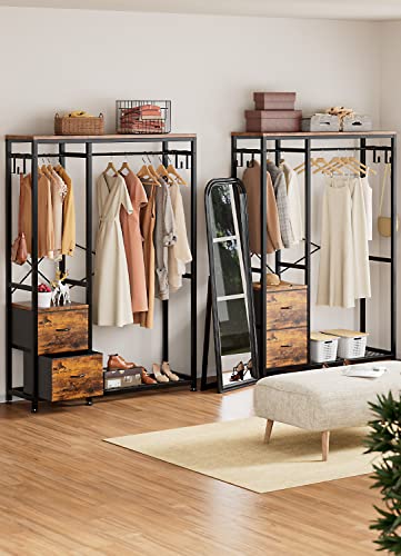 Clothes Rack with 2 Rods, Shelves, Drawers & Hooks, Garment Rack | Clothes rack with 2 hanging rods (50lbs each), 2 shelves, 2 fabric drawers & 4 hooks. 300lb total capacity. Fits small spaces - color: Rustic Brown