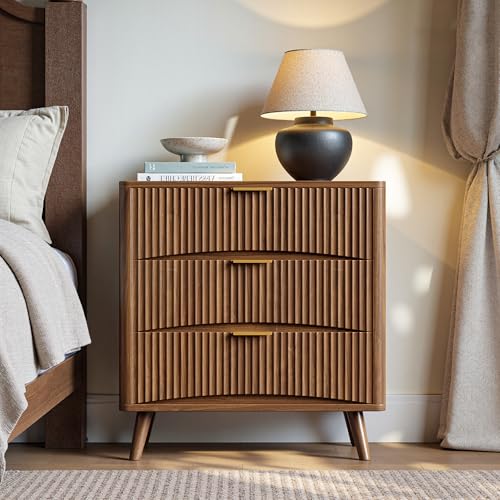 Evermagin 31.5" W Oversized Nightstands Set of 2 with 3 Drawers | Walnut Fluted Nightstand, Tall Large 3 Drawer Bedside Table, Mid Century Modern Side Table for Bedroom, livingroom - color: Walnut, size: 15.78"D x 31.5"W x 29.35"H (3 Drawers)