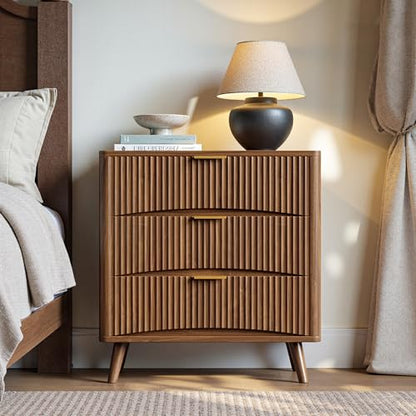 Evermagin 31.5" W Oversized Nightstands Set of 2 with 3 Drawers | Walnut Fluted Nightstand, Tall Large 3 Drawer Bedside Table, Mid Century Modern Side Table for Bedroom, livingroom - color: Walnut, size: 15.78"D x 31.5"W x 29.35"H (3 Drawers)