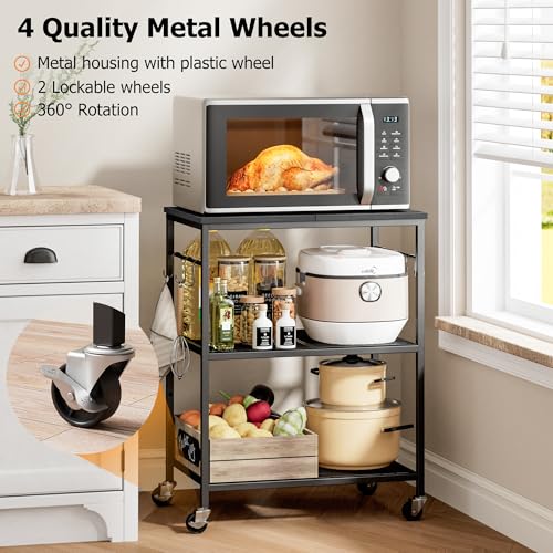 Homleke 3-Tier Rolling Kitchen Microwave Cart, Utility Cart | with Lockable Wheels Coffee Bar Table Station with 6 Hooks, Small Appliance Storage Shelf, Black - color: Black