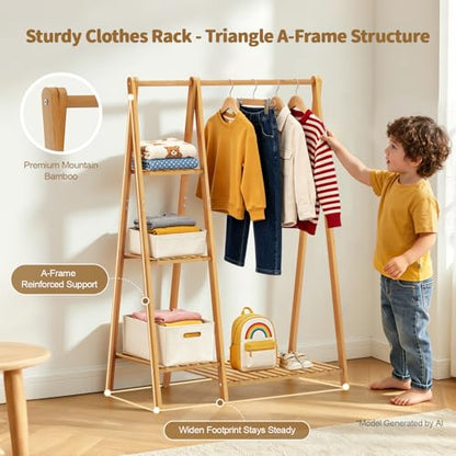 Small Clothes Racks,Kids Clothing Hanging Rack, Bamboo Garment Rack | Wood Corner Baby Chidren Toddler Nursey Clothes Hanger Rack Dress Costume Rack with 4 Shelves,Sturdy A Frame ,Portable