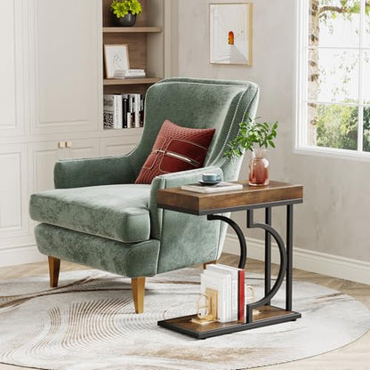 Tribesigns Narrow Side Table Set of 2, C Shaped End Table for Couch, Modern Bedside Tables with Metal Frame, Small Sofa Tables for Small Spaces, Living Room (2, Brown+Black) - color: Brown+black