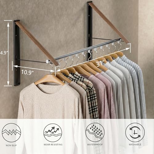 Dr.DJ Clothes Drying Rack with Rod, Wall-Mounted Retractable & Foldable Clothes Hanger for Laundry Room Organization and Storage, Metal Clothes Hanger Rack for Dorm, Closet, Balcony 2Rack, 1Rod Wood - color: 1rod Wd