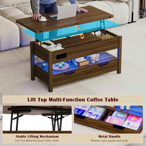 40" Lift Top Smart Coffee Table for Living Room | Power Outlets, LED Lights, Lifting Top, Storage Drawers & Compartments, for 4-6 People, Walnut - color: Walnut