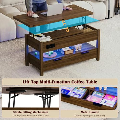40" Lift Top Smart Coffee Table for Living Room | Power Outlets, LED Lights, Lifting Top, Storage Drawers & Compartments, for 4-6 People, Walnut - color: Walnut
