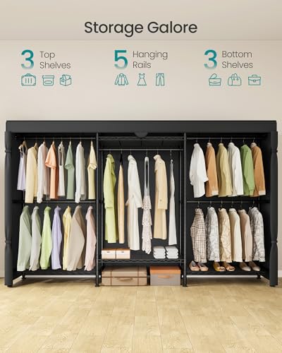 SONGMICS Heavy-Duty Rolling Clothes Rack, Garment Rack, Portable Closet, with Adjustable Mesh Shelves and Hanging Rails, Fabric Cover, 15.8 x 86.4 x 76 Inches, Ink Black ULGR437BH01 - color: Ink Black, size: 86.4"L x 76"H, style: With Fabric Cover