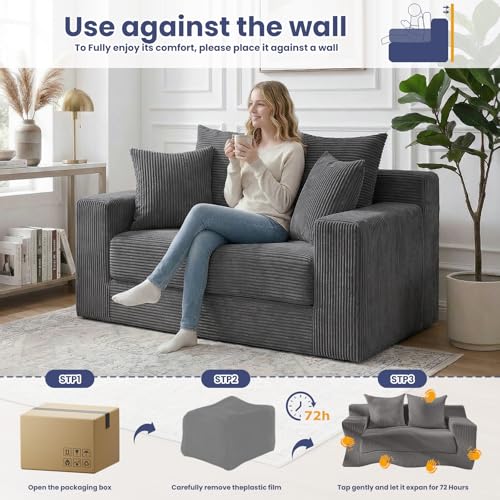 3-in-1 Convertible Sofa Bed: Boneless Loveseat Sleeper & Folding Couch Bed with 4 Pillows & Detachable Cushion for Bedroom, Small Space, Guest and Living Room, Corduroy Futon, No Assembly,Grey