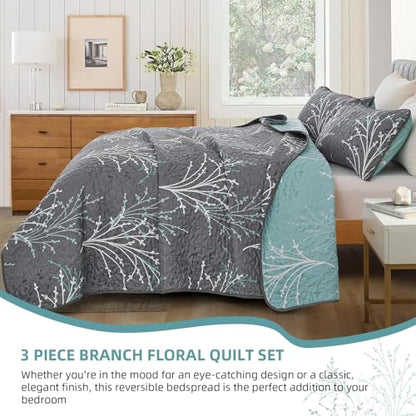 DJY Blue and Grey Reversible Comforter Set with Quilt Set Branch Flroal Pattern Bedding Set