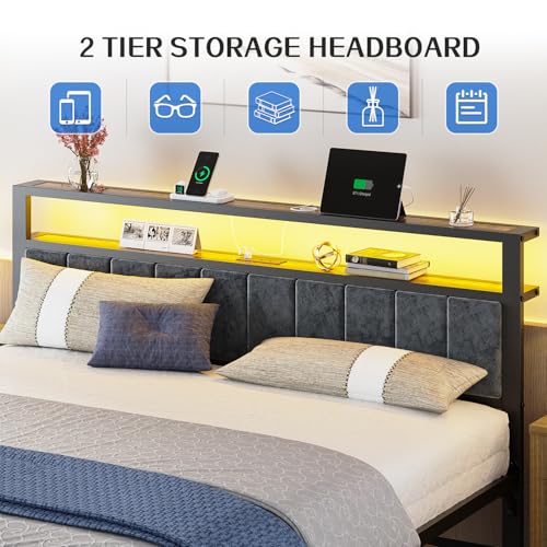 Liians King Size Bed Frame with LED Lights, Upholstered Headboard | Platform Bed with 2-Tier Storage Shelves, Charging Station, Noise Free, No Box Spring Needed, Easy Assemably - size: King