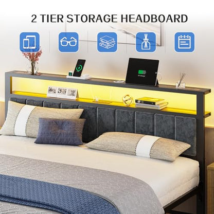 Liians King Size Bed Frame with LED Lights, Upholstered Headboard | Platform Bed with 2-Tier Storage Shelves, Charging Station, Noise Free, No Box Spring Needed, Easy Assemably - size: King