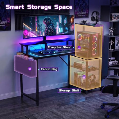 Gaming Desk 43 Inch Computer Table with Storage Shelves & Monitor Stand | LED Setup Style, PC Tower Stand, Reversible Workstation, USB Charging Port, for Home Office Desk, Bedroom, Dorm, Black - size: 43inch