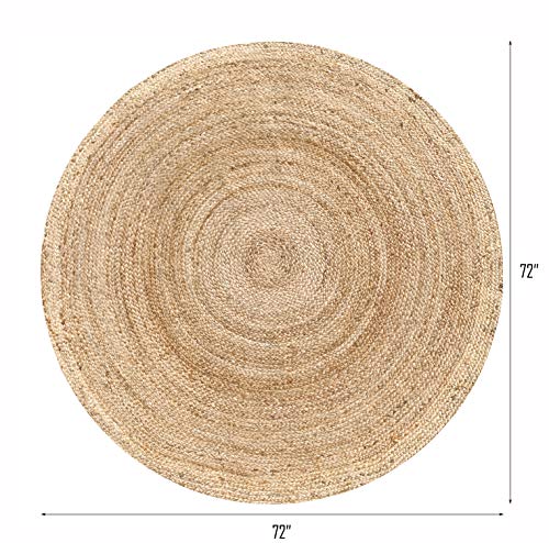 Hausattire Jute Braided Round Rug, Natural, 6 ft | 100% natural jute, hand woven, reversible, boho farmhouse style, entryway/kitchen/living room use - color: Natural, size: 6' Round