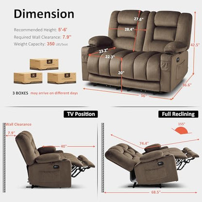 MCombo 56 in Reclining Loveseat Recliner with Heat & Massage PR648 (Brown) | 155° Zero Gravity, Dual Charging Ports, Cup Holders, FSC & OEKO Certified - color: Dark Brown, size: Loveseat Recliner with Zero Gravity