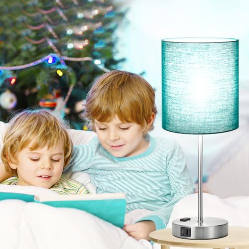 Lynnoland Green Touch Table Lamps Set of 2 with 2 USB & AC Outlet, 3-Way Dimmable Bedside Nightstand Lamps for Bedroom Lamps Living Room Nursery, 800 Lumens 5000K Daylight Bulbs Included - color: (2 Pack)Green & Brushed Nickel(Base)-5000K Bulbs Included