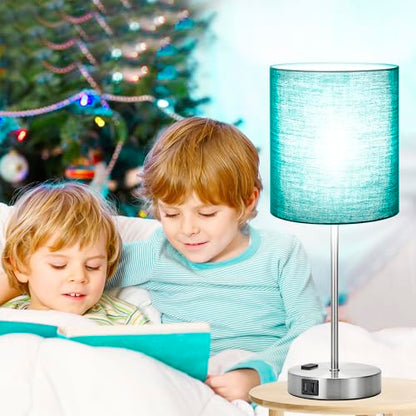 Lynnoland Green Touch Table Lamps Set of 2 with 2 USB & AC Outlet, 3-Way Dimmable Bedside Nightstand Lamps for Bedroom Lamps Living Room Nursery, 800 Lumens 5000K Daylight Bulbs Included - color: (2 Pack)Green & Brushed Nickel(Base)-5000K Bulbs Included