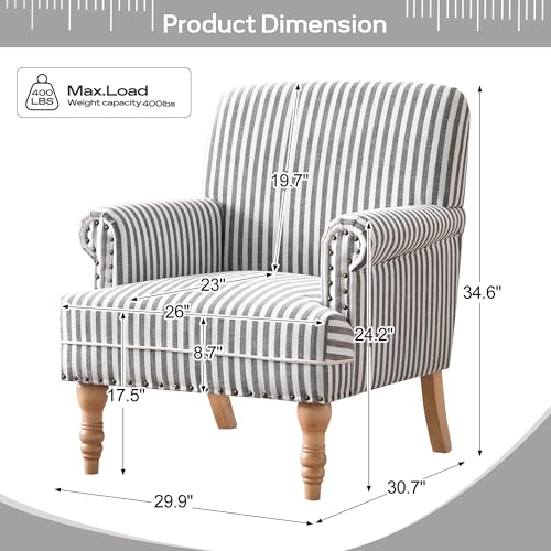 HUIMO Linen Fabric Accent Chair, Mid-Century Modern Upholstered Armchair with Solid Wood Legs, Comfy Reading Club Chair for Living Room Bedroom (1, Dark Grey and White Stripe) - color: Dark Grey and White Stripe