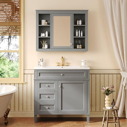 Wall Mounted Medicine Cabinet, Bathroom Storage Cabinet with Mirror Door and 6 Adjustable Open Shelf (7.3" D x 35" W x 27.5" H) (Grey) - color: Grey