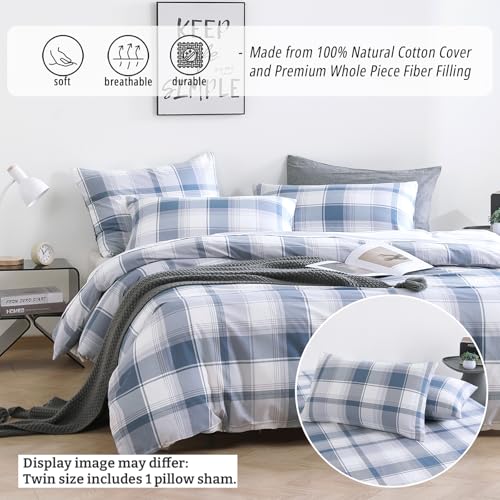 LEMIROE Vintage Cotton Comforter Twin Size 2Pcs - Classic Tartan Plaid Pattern with Denim Blue, Soft Gray and White, Lightweight Bedding Sets with Soft Fill(1 Comfoter, 1 Pillowcase) - color: Tartan Plaid - Denim Blue & White, size: Twin/Twin XL(68"×90")