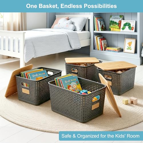 2 Pack Tall Plastic Storage Bins with Bamboo Lids, 10.8qt Stackable Storages Baskets for Organizing Desktop Closet Playroom Classroom Office, 12"L x 8.3"W x 6.1"H, Gray - color: Gray, size: Tall- 2 Pack