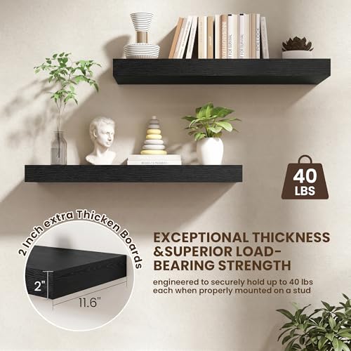 32 Inch Floating Shelves, 12'' Deep Black Shelves for Wall Set of 2 | Invisible Brackets, Engineered Wood, Mounting Hardware Included, 40LBS, Bathroom, Laundry Room, Kitchen, Living Room - color: Black, size: 32W x 11.6D x 2H, 2 Pack