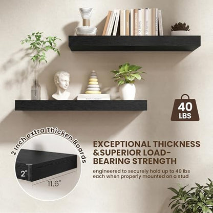 32 Inch Floating Shelves, 12'' Deep Black Shelves for Wall Set of 2 | Invisible Brackets, Engineered Wood, Mounting Hardware Included, 40LBS, Bathroom, Laundry Room, Kitchen, Living Room - color: Black, size: 32W x 11.6D x 2H, 2 Pack
