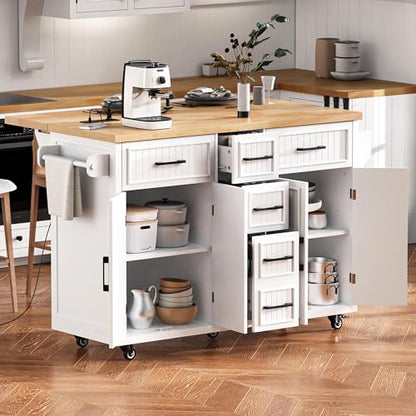 56.5'' Kitchen Island with Drop Leaf, Power Outlet, Embossed Vertical Stripe Rolling Kitchen Cart on Wheels with Deep Drawers and Adjustable Shelves (White/D) - color: White/D)