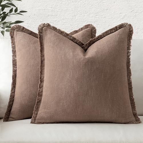 MIULEE Linen Fringe Decorative Fall Throw Pillow Covers Dark Coffee 18x18 | Set of 2, Cottagecore Decor, Boho Farmhouse Neutral Pillow Covers, Rustic Fall Couch Cushion Cases for Sofa Bed Living Room - color: Dark Coffee, size: 18" x 18" (Pack of 2)