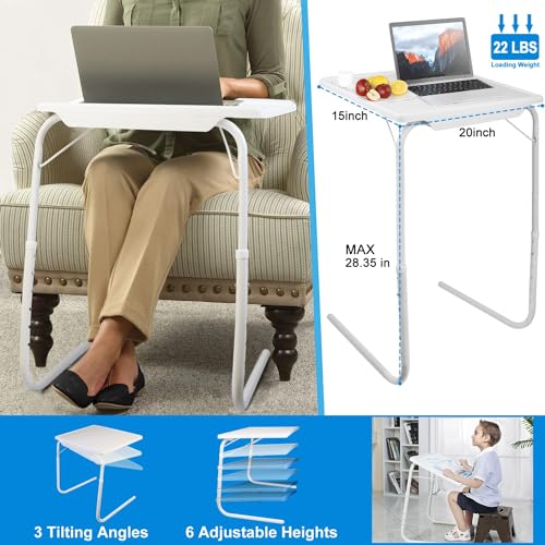 Height Adjustable Folding TV Tray Table, 6 Positions, 20x15in | 52-72cm Height Range, 3 Tilt Angles 30/60/90°, Max 10kg Load, Tool-Free Assembly, Dorm, Bedroom, Office